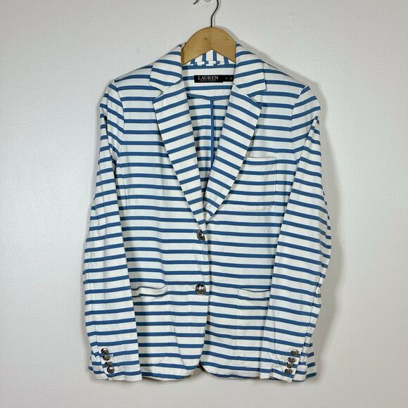Lauren Ralph Lauren Jackets & Blazers - Lauren Ralph Lauren Striped Cotton Blazer Womens M Blue White Coastal Preppy